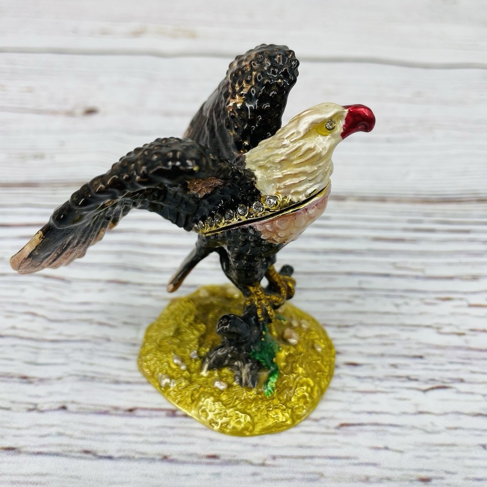Metal Jeweled Enamel Bald Eagle Trinket Box Rhinestones - Picture 2 of 9
